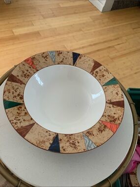 Ceramic Serving Bowl with White Center and Multicolor Geometric Rim